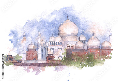 Watercolor drawing Taj Mahal in sketch technique