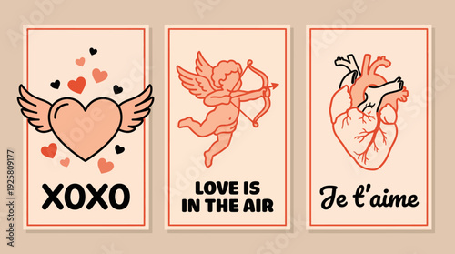 Three love-themed Valentine cards featuring Cupid with a bow, winged hearts, and Je t'aime typography for romantic greetings.