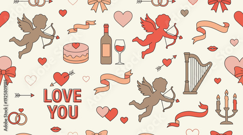 Valentine's Day romance pattern featuring Cupid cherubs, hearts, wedding symbols, cake, champagne and love motifs on a beige background.