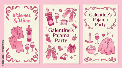 Galentine's Pajama Party Invitation Cards Set with Wine – Pink Decorative Night-In Theme