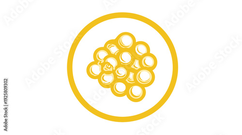 A cluster of rounded shapes with internal shading, inside a circle. The overall color scheme is yellow and white