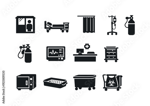 Solid vector icons of medical protection equipment: isolation room, hospital bed, privacy curtain, IV stand, oxygen tank,