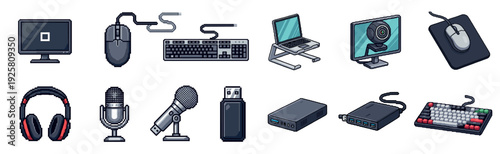 Pixel art set of computer peripherals and accessories including a monitor, keyboard, mouse, headphones, and microphone in a retro 8-bit video game style illustration