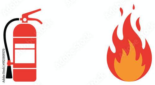 Fire extinguisher and flame icon illustration, vector graphic highlighting fire safety, emergency preparedness, and hazard control for workplaces
