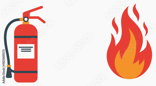 Fire safety illustration, vector image featuring a red fire extinguisher and burning flames, representing fire prevention, emergency response, safety training, and hazard awareness for apps, websites,