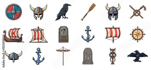 Large collection of hand-drawn Viking icons including a shield, horned helmet, longship, raven, and runestone in a colorful cartoon style for historical or mythological themes