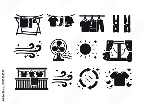 Laundry Drying Icons. Solid vector icons of drying and airing laundry: dryingrack, clothesline, hangerrod, peg, airflow, fan,