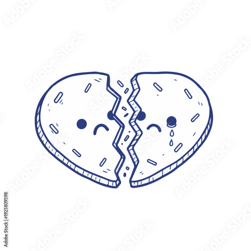 Hand-drawn cookie broken-heart shape sketch representing emotional heartbreak and relationship crisis in minimalist line art style