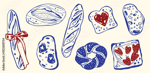 Hand drawn bakery set with  bread and pastry. Elegant outline style food collection for bakery menus, cafes, packaging and branding design.