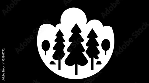 A stylized illustration features a black forest silhouette enclosed in white with the sun above