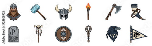 Collection of colorful Norse mythology illustrations featuring a Viking warrior, horned helmet, battle axe, shield, raven, and magical hammer in a detailed cartoon style
