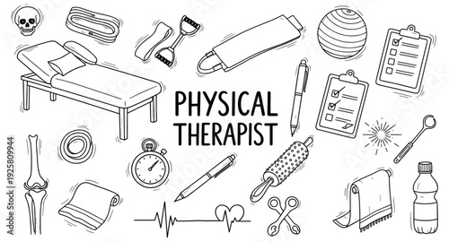 Collection of hand-drawn physical therapy equipment and medical icons for rehabilitation