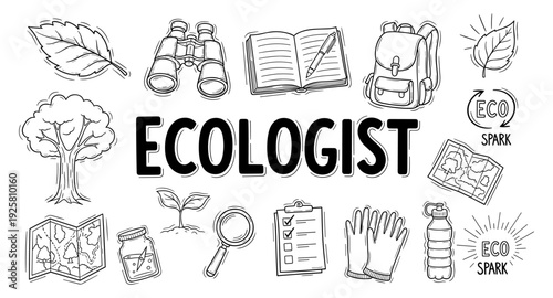 Ecologist doodle icons representing nature study and outdoor exploration activities
