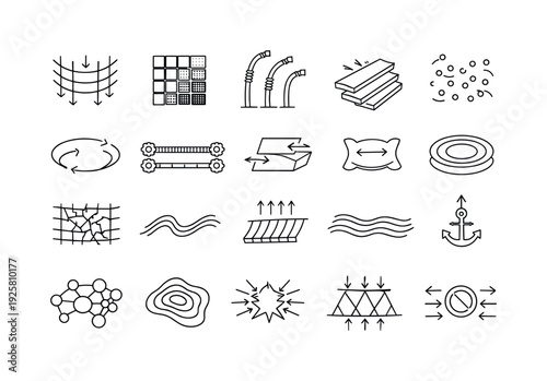 Metaverse Physics Icons. Line vector icons of metaverse matter and motion: gravity-field ladders, material-density tiles,