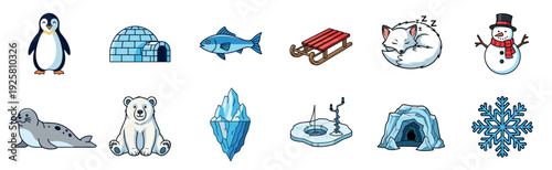 Set of colorful cartoon winter illustrations showing a penguin, polar bear, seal, sleeping fox, igloo, snowman, iceberg, sled, and a blue snowflake