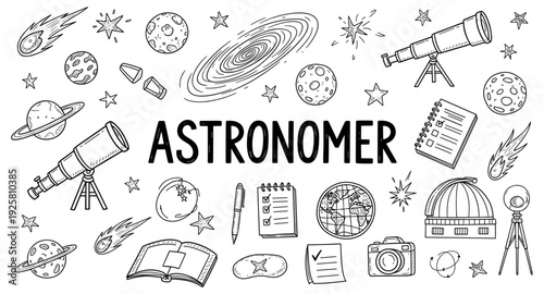 Doodle illustration of astronomer's tools and celestial objects for learning