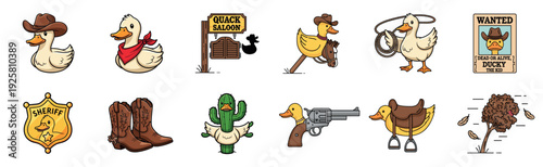 Large collection of cute cartoon duck illustrations and icons with a Wild West theme, including a cowboy, sheriff, outlaw, saloon, wanted poster, and western accessories