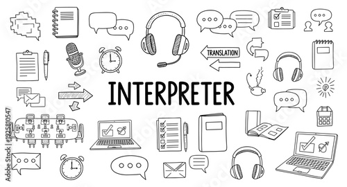 Interpreter services and communication tools doodle illustration with text
