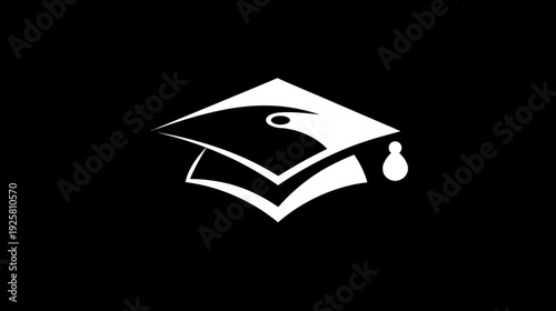 A stark white academic graduation cap icon, set against a solid black background, minimalist design