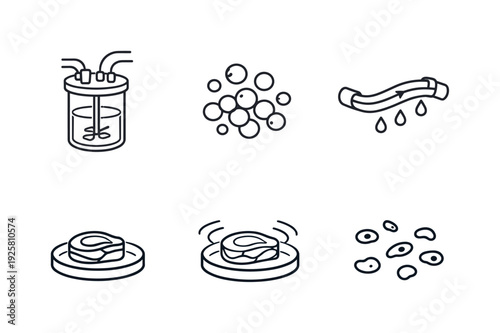 Line vector icons of a piece of “meat” growing from scratch in a bioreactor (cultured biomass): bioreactor outline, starter cells