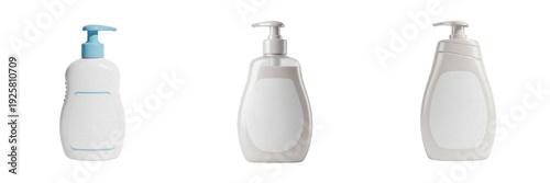 Foto Set of Baby Liquid Soap and Shampoo Dispenser Bottle Mockups with Pump and Blank