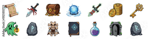 Large set of fantasy game icons featuring a treasure chest, magic swords, a ghost, potions, and a spell book for a role-playing adventure in a cartoon illustration style