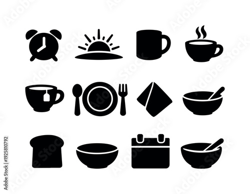 Solid vector icons of breakfast routine: alarmclock, sunrise, mug, coffee, tea, plate, spoon, fork, napkin, toast, bowl, calendar