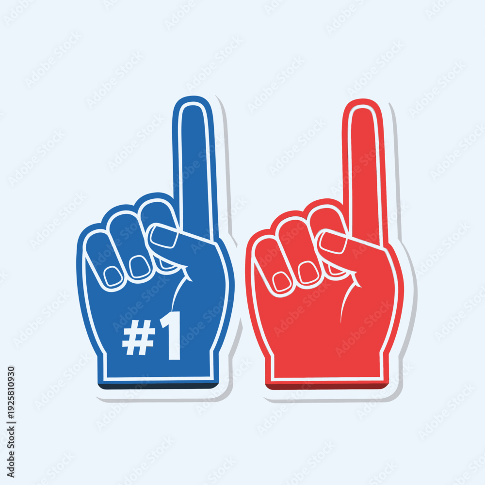 Fototapeta premium Two vibrant foam fingers in blue and red, featuring the classic number one gesture, symbolize support, championship, and enthusiastic fan spirit at sporting events or competitions