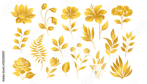 Golden botanical set with flowers, leaves, and branches in metallic foil style, isolated on a white background for wedding invitations, branding, and decorative designs.