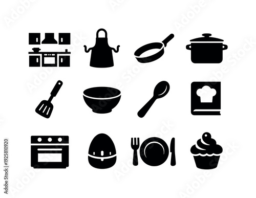 Solid vector icons of family weekend cooking: kitchen, apron, pan, pot, spatula, bowl, spoon, recipe, oven, timer, plate, cupcake