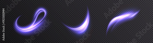 Purple glowing swirls with twisted curves, soft neon glow and sparkle, for dynamic overlays and magical motion effects on dark backgrounds.