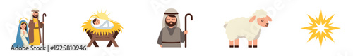 Collection of flat design nativity icons depicting the holy family, a baby in a manger, a shepherd, a lamb, and a guiding star for a religious Christmas celebration