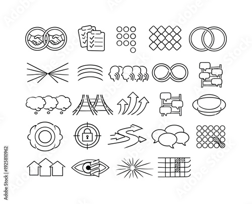 Line vector icons of an illusion of universal agreement: agreement rings, consensus pads, repetition dots, bias-field tiles,