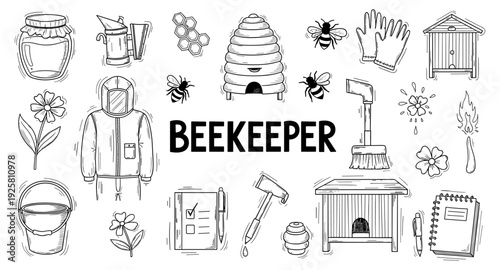 Collection of beekeeping equipment and symbols in a doodle art style