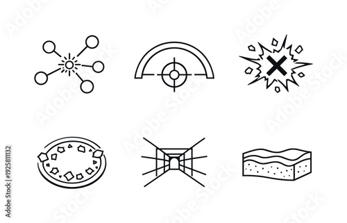 Line style icons of anti-senescence cleanup systems: aging-signal node, targeting arc, collapse marker, processed debris ring,