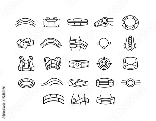 Line style icons of back-relief lifting suit: lumbar unload arc, actuator module tile, support plate stripe, hinge assist node,