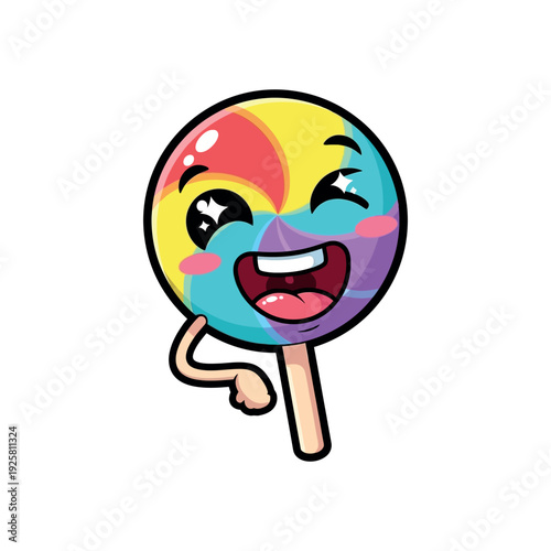 Colorful lollipop character with winking face and playful gesture