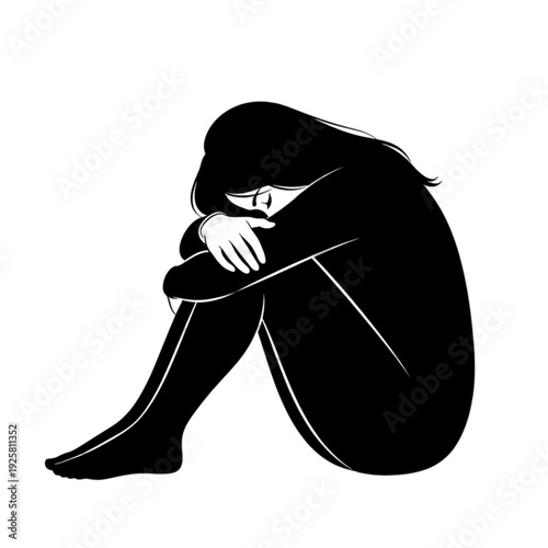 Sad woman sitting alone depressed isolated on transparent background.