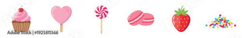 Collection of sweet dessert icons including a cupcake with a cherry, heart-shaped and swirl lollipops, pink macarons, a fresh strawberry, and colorful sprinkles