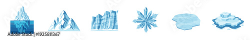 Collection of various ice formations including an iceberg with an underwater view, glacier, mountain, snowflake, and floe in a flat cartoon vector illustration style