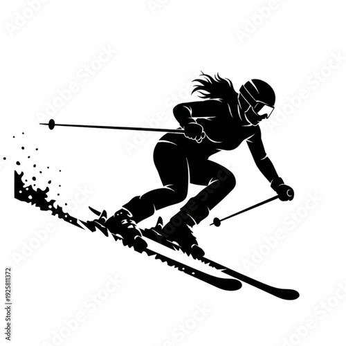 Woman skiing down mountain on skis isolated on transparent background.