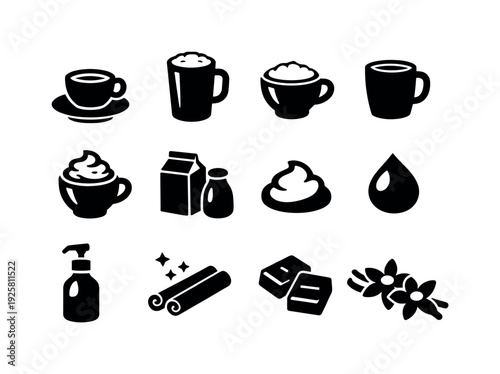 Solid vector icons of warm beverages: espresso, latte, cappuccino, americano, mocha, milk, foam, crema, syrup, cinnamon,