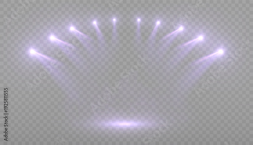 Arc stage spotlights with soft purple beams and haze for theater scenes, concert shows, events and presentation backdrops.