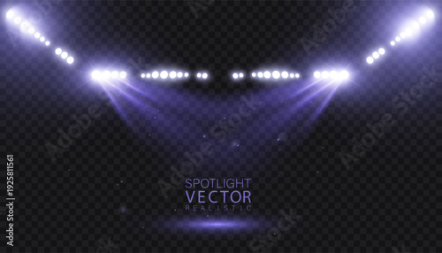 Stadium spotlights with bright LED light rows, wide beams and purple haze for sports arenas, concerts, shows and dramatic stage scenes.