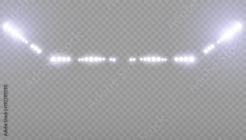 Curved row of bright white glowing lights on transparent background for stage design, digital overlays and futuristic visuals. Abstract vector illumination effect with soft radiant glow.