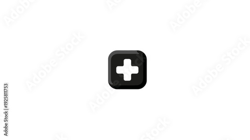 A glossy, dark, rounded square graphic with a bright white plus sign centered inside, floating