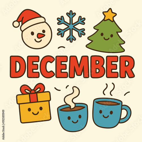 A collection of cute, hand-drawn holiday icons accompanies the large text spelling out the month December.