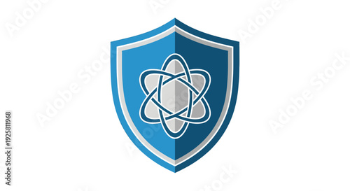 Shield Icon with Atom Symbol: Innovative Illustration of Cyber Security and Data Protection