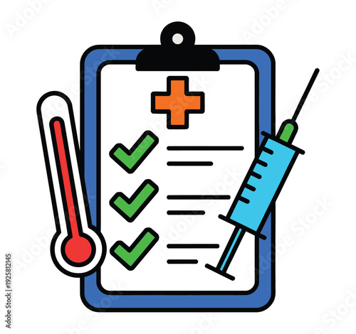 Medical checklist, thermometer, and syringe.