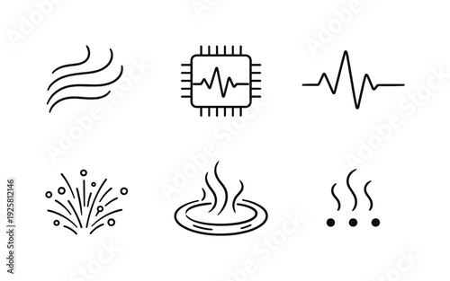 Line vector icons of scent recorded and played back through a chip (odor data stream): aroma wave, drifting mote, integrated chip
